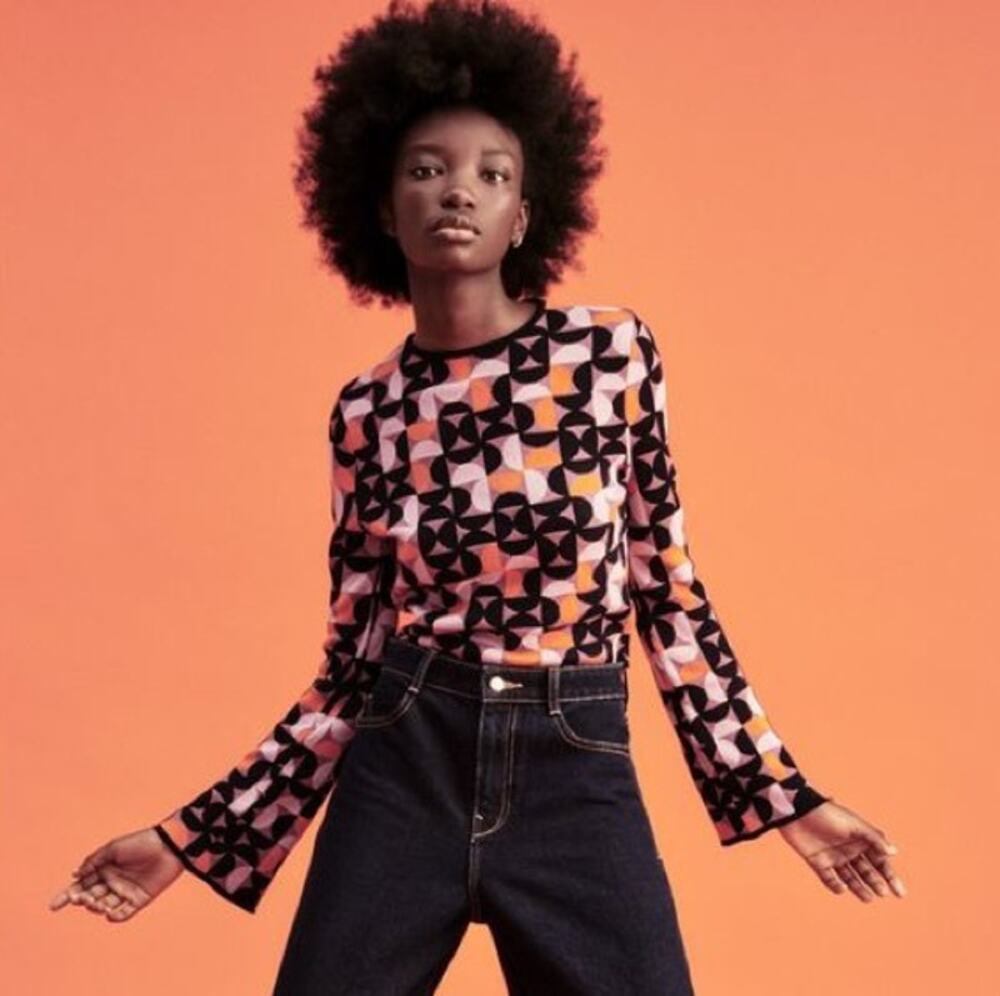 ZARA Geometric Print Cropped Knit Sweater Top Bell Sleeves Size S Orange Pink
